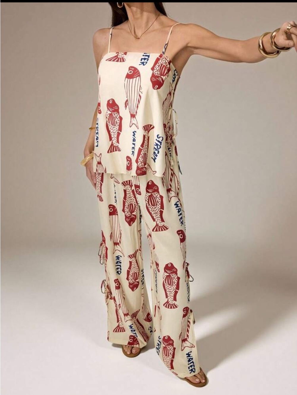 Women’s Cream Wide-Leg Fish Print Jumpsuit Set - Blue Print - Picture 2 of 8